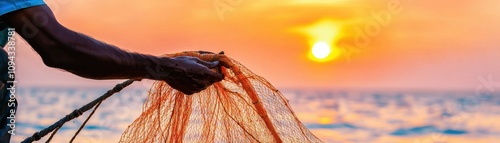 Hyper-realistic portrait of a fisherman mending his net, his rugged hands contrasting with the delicate fibers in soft morning light photo