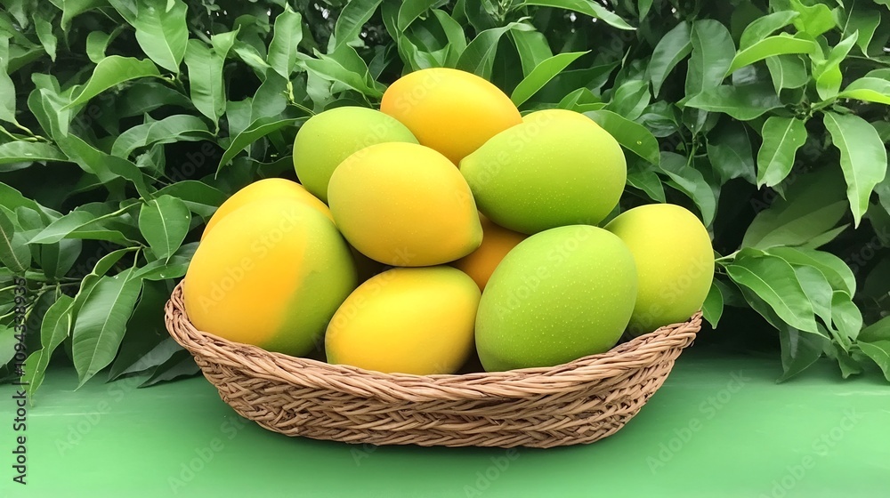 Bountiful Harvest of Lush Green and Golden Mangoes in Woven Basket on Vibrant Mango Farm Bountiful Harvest of Lush Green and Golden Mangoes in Woven Basket on Vibrant Mango Farm