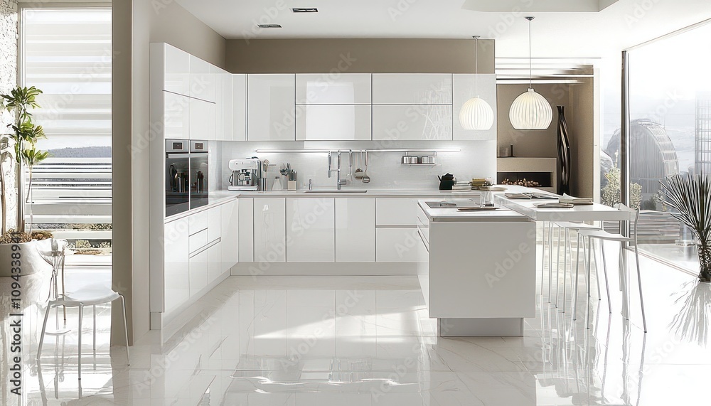 Contemporary kitchen in Nordic design, featuring white furnishings and space-enhancing features. Contemporary kitchen in Nordic design, featuring white furnishings and space-enhancing features.