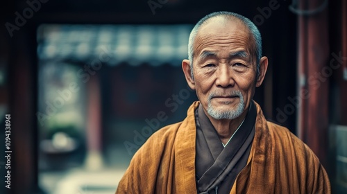 Elderly man in a traditional silk robe stands gracefully in a blurred Chinese courtyard