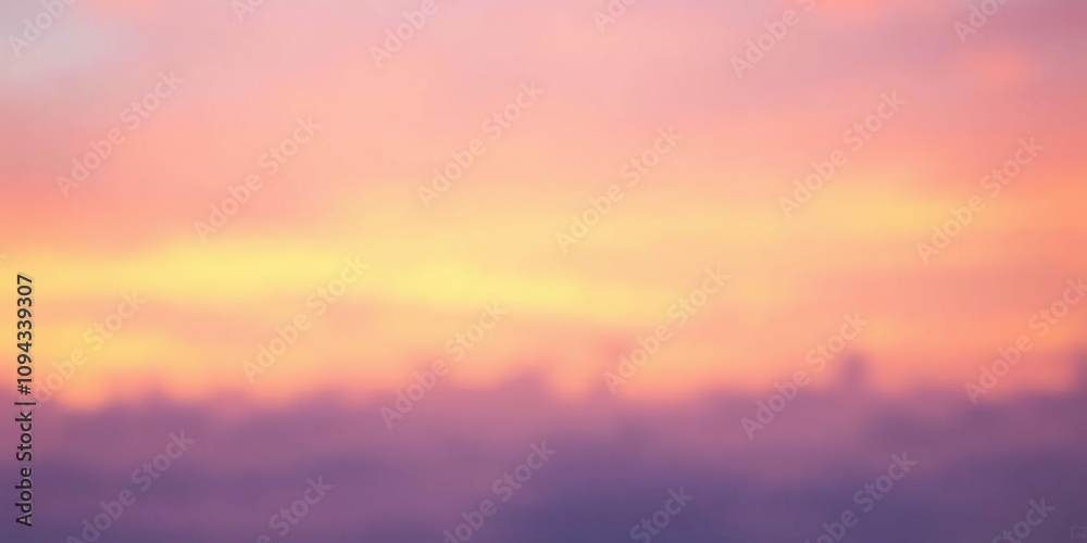 Obraz premium Soft focus sunset sky with shades of yellow gold and pink blended into purple hues and wispy fringing in soft blue tones, atmospheric lighting, soft pink undertones