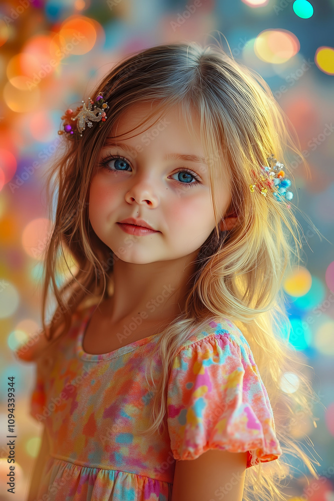 A little girl with long blonde hair wearing a colorful dress A little girl with long blonde hair wearing a colorful dress