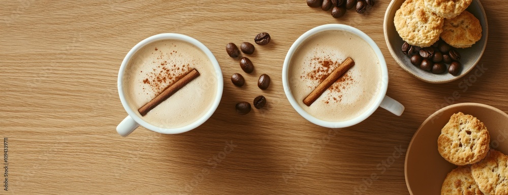 Two cups of spiced coffee with cinnamon, coffee beans, and cookies on a wooden table. Two cups of spiced coffee with cinnamon, coffee beans, and cookies on a wooden table.
