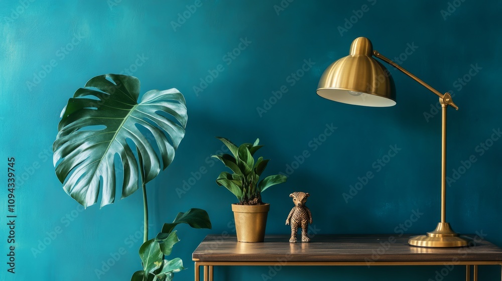 Stylish coffee table with a handcrafted figurine, monstera leaf in a pot, and a golden desk lamp near a rich blue wall. Stylish coffee table with a handcrafted figurine, monstera leaf in a pot, and a golden desk lamp near a rich blue wall.