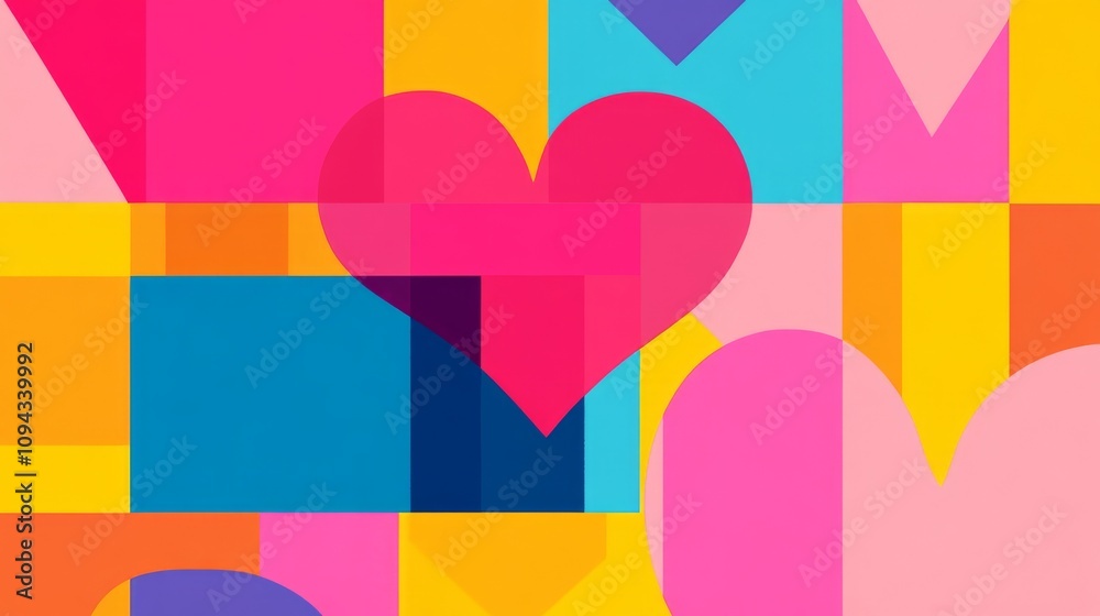 2410_019.geometric interpretation of linked pinkies, bright color blocks, floating heart emblem, negative space utilization, playful graphic design