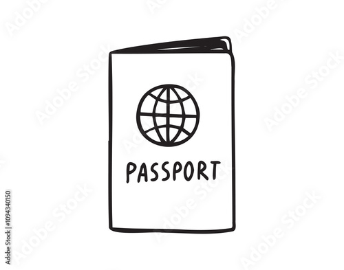 Linear doodle hand drawn passport on white background. Outline drawing international passport control, travel concept