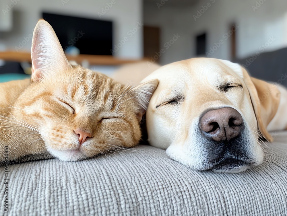 A cat and dog sleeping peacefully together on a cozy sofa A cat and dog sleeping peacefully together on a cozy sofa