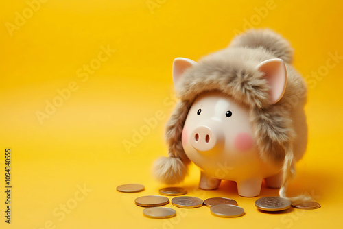 Savings concept. Piggy bank and money on a yellow textural background. A piggy bank in a warm winter hat that saves heat. The concept of saving heating. Place for text. copy space photo