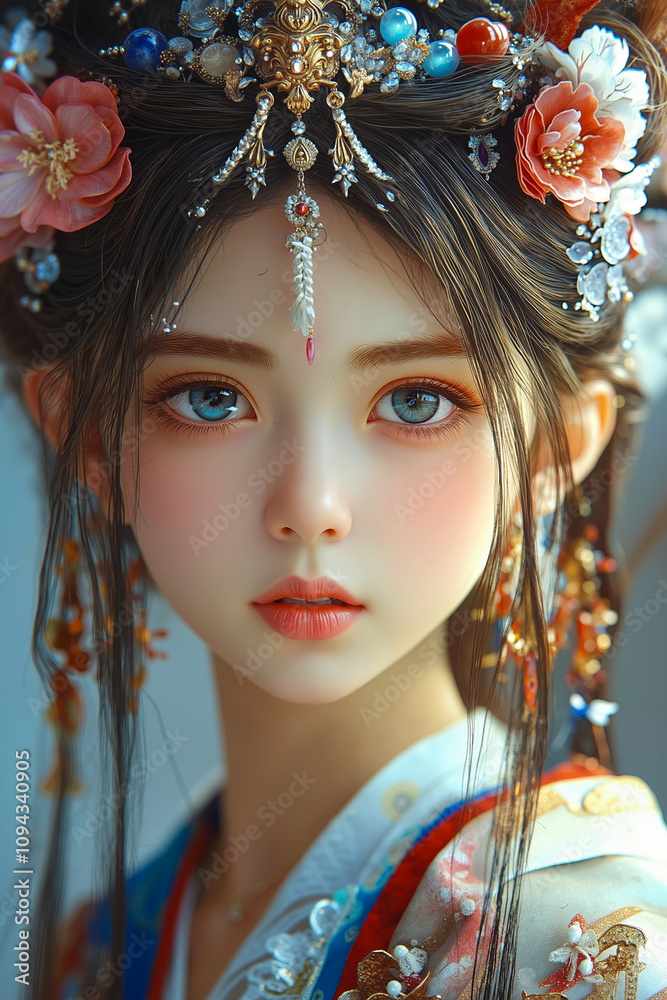 A close up of a doll wearing a headpiece with flowers in her hair A close up of a doll wearing a headpiece with flowers in her hair