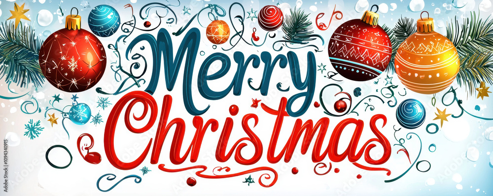 Naklejka premium Merry Christmas greeting with colorful ornaments and festive decorations, creating joyful holiday atmosphere