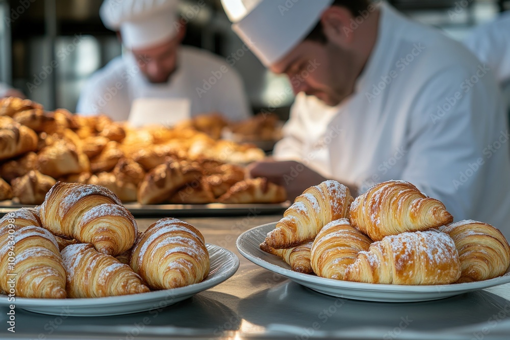 A display of freshly baked pastries in a bakery setting with chefs in the background. A display of freshly baked pastries in a bakery setting with chefs in the background.