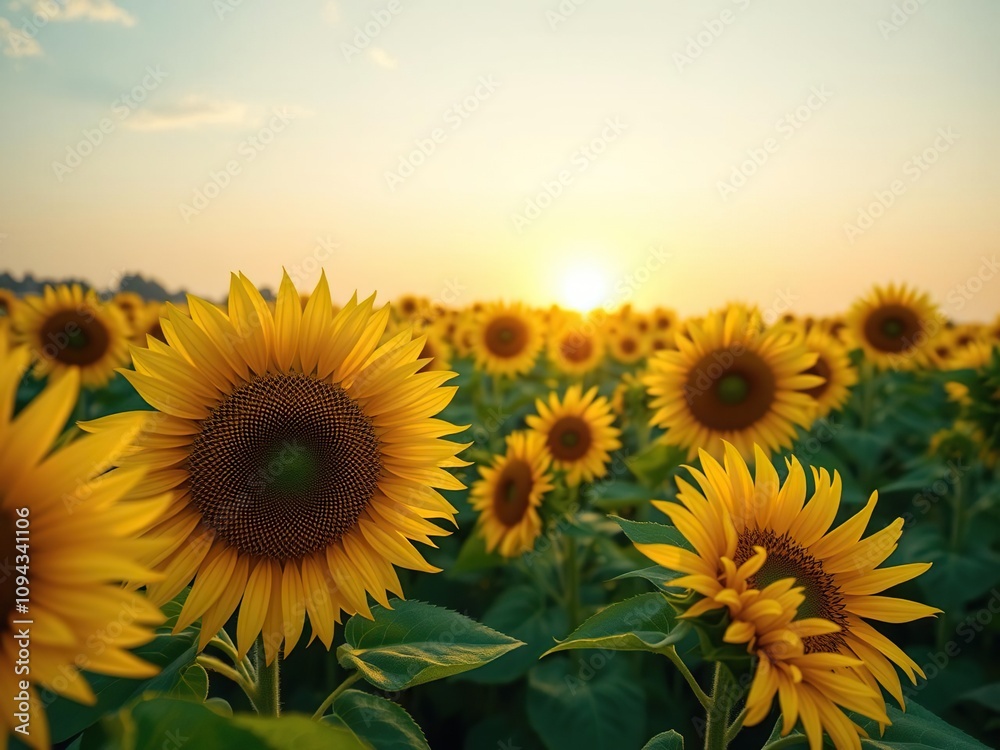 Fototapeta premium sunflower field at sunrise with bright yellow petals and vibrant green leaves, golden hour, wildflowers