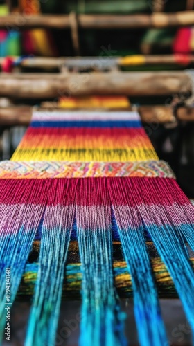 Colorful threads on a backstrap loom in Lombok showcase traditional weaving techniques photo