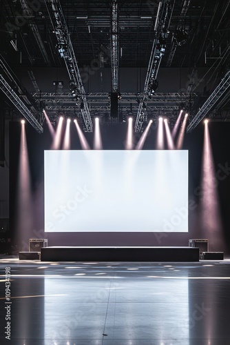 Ready-to-use event stage in a modern hall with a large blank screen for presentations. photo