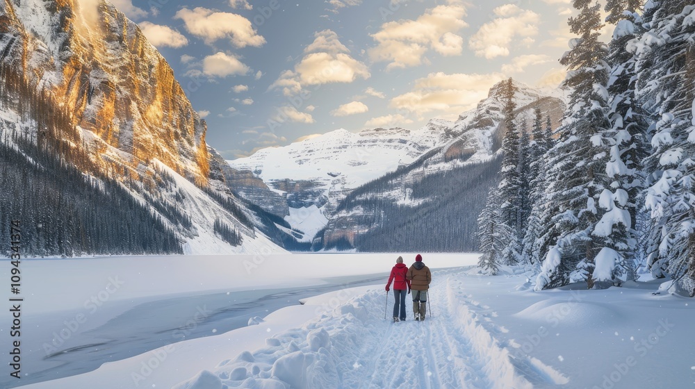 Couple in cozy winter attire exploring a stunning snowy landscape with dramatic natural lighting Couple in cozy winter attire exploring a stunning snowy landscape with dramatic natural lighting