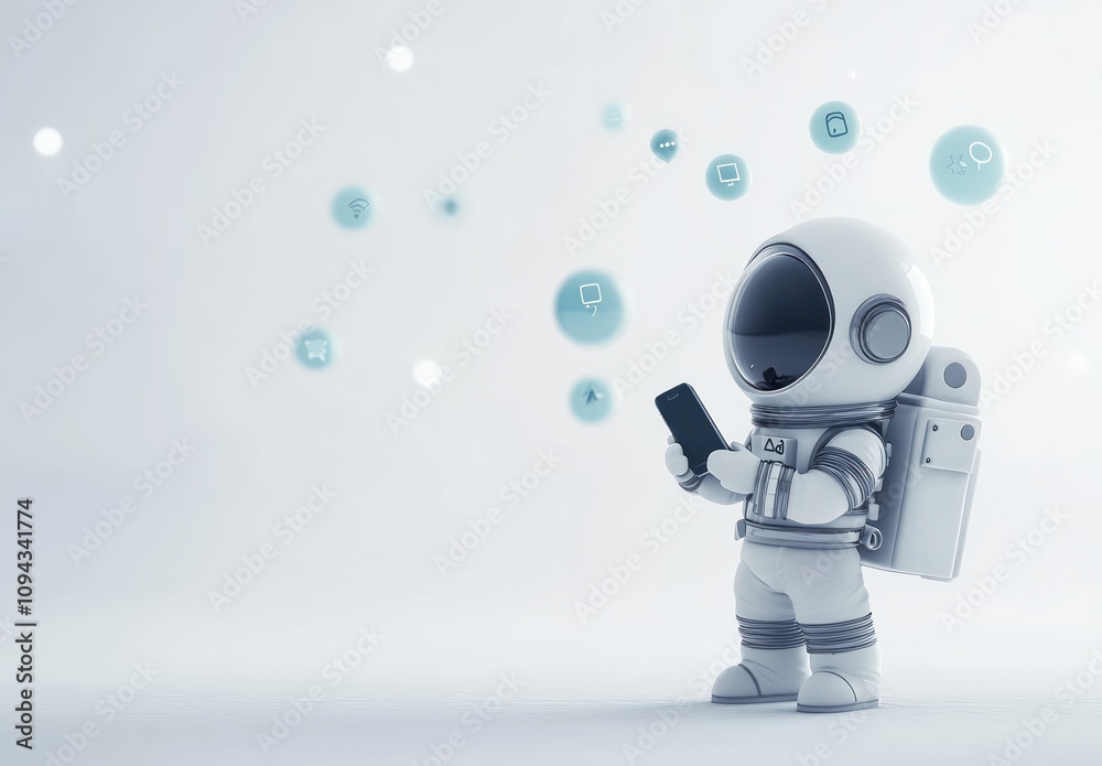 A cute astronaut using a smartphone with floating icons representing technology and communication. A cute astronaut using a smartphone with floating icons representing technology and communication.