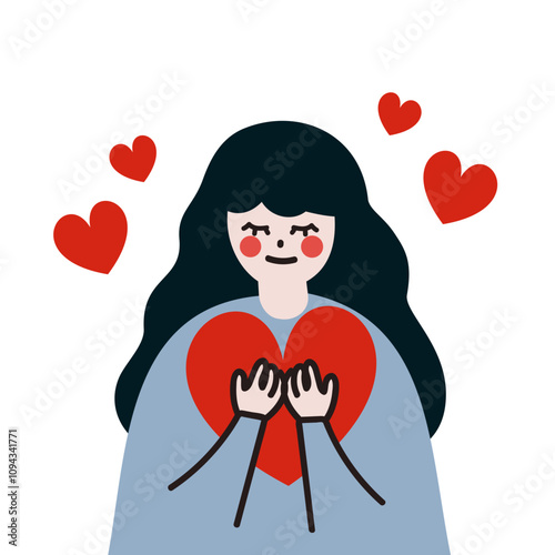 Happy girl holding red heart portrait. Culture, faith, religion, prayer, peace concepts. Flat vector character design isolated illustration.