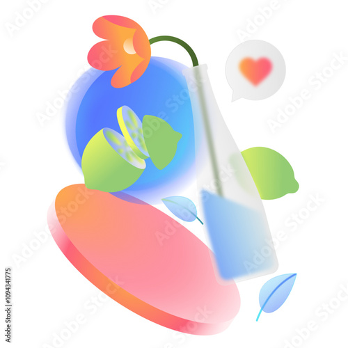 Still life of a lemon plate and a flower in a vase