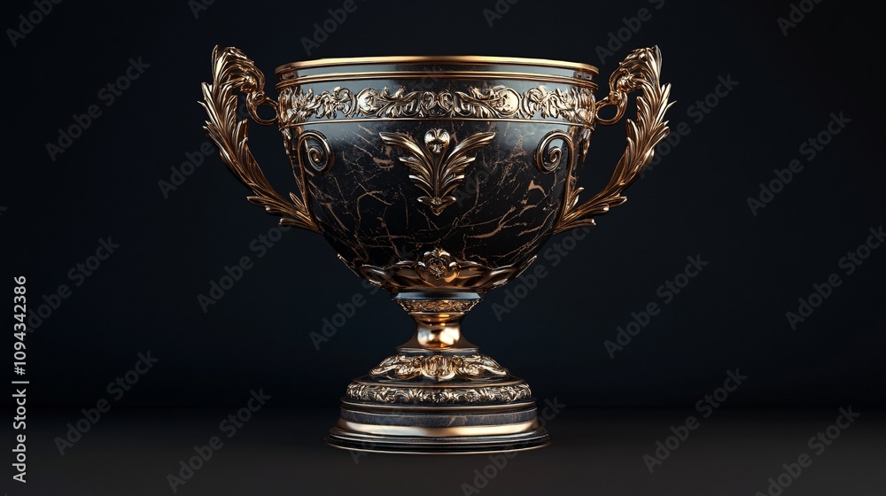 A detailed trophy with intricate designs, featuring ornate handles and a polished surface, standing against a dark background. A detailed trophy with intricate designs, featuring ornate handles and a polished surface, standing against a dark background.