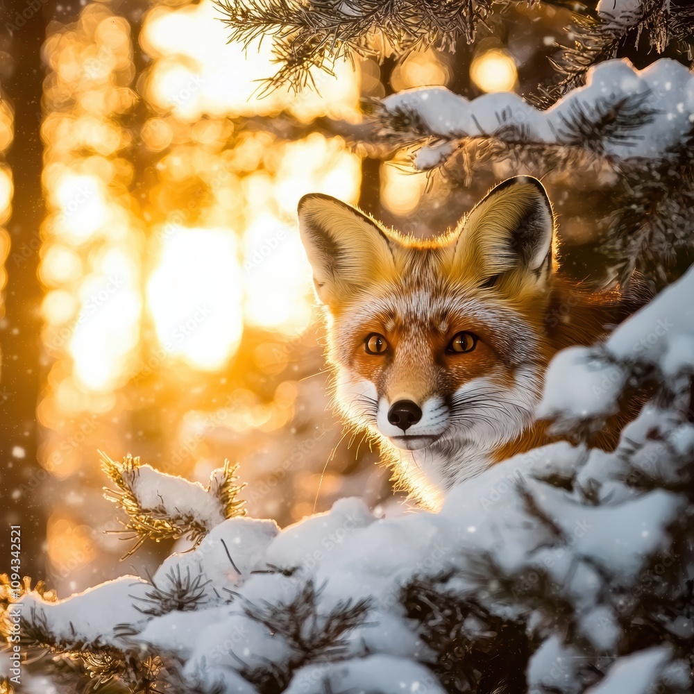 Obraz premium A curious red fox peeking out from behind snow-covered bushes in a winter forest, golden light bathing the scene