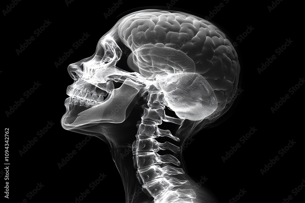 Human Brain and Skull Anatomy: X-Ray View of the Head and Cervical Spine