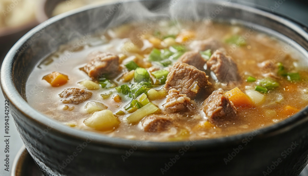 Steaming hot bowl of hearty beef stew comforting on a cold day Steaming hot bowl of hearty beef stew comforting on a cold day