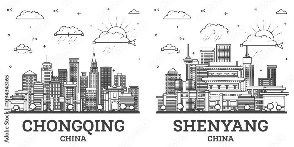 Obraz premium Outline Shenyang and Chongqing China City Skyline set with Modern and Historic Buildings Isolated on White. Illustration. Cityscape with Landmarks.