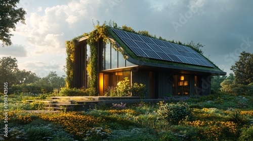 A modern, eco-friendly house with solar panels and lush greenery, nestled in a vibrant natural landscape under a cloudy sky.