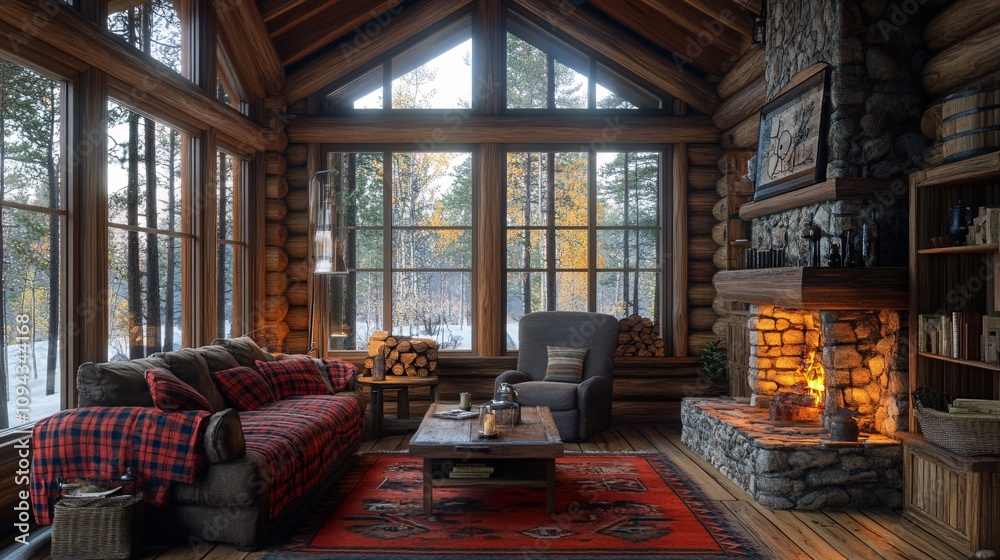 A cozy log cabin interior featuring a warm fireplace, comfortable seating, and large windows showcasing a forest view. A cozy log cabin interior featuring a warm fireplace, comfortable seating, and large windows showcasing a forest view.