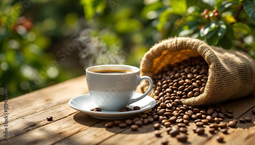 cup of coffee with beans, Coffee Beans and Cup on Wooden Table with Sunlight