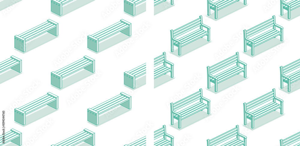 Seamless pattern with modern street bench. Illustration. Isometric outline objects isolated on clean white background. Perfect for representing public spaces and urban planning. Seamless pattern with modern street bench. Illustration. Isometric outline objects isolated on clean white background. Perfect for representing public spaces and urban planning.