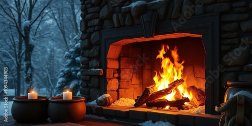 A roaring fire crackling within a stone fireplace on a cold winter night, snow-covered windows, winter wonderland,