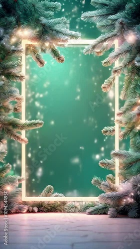 A luminous neon mock-up frame, fluffy Christmas tree branches around , sun rays, floating luminous particles and snow, an empty place to copy, a composition for a banner	 photo