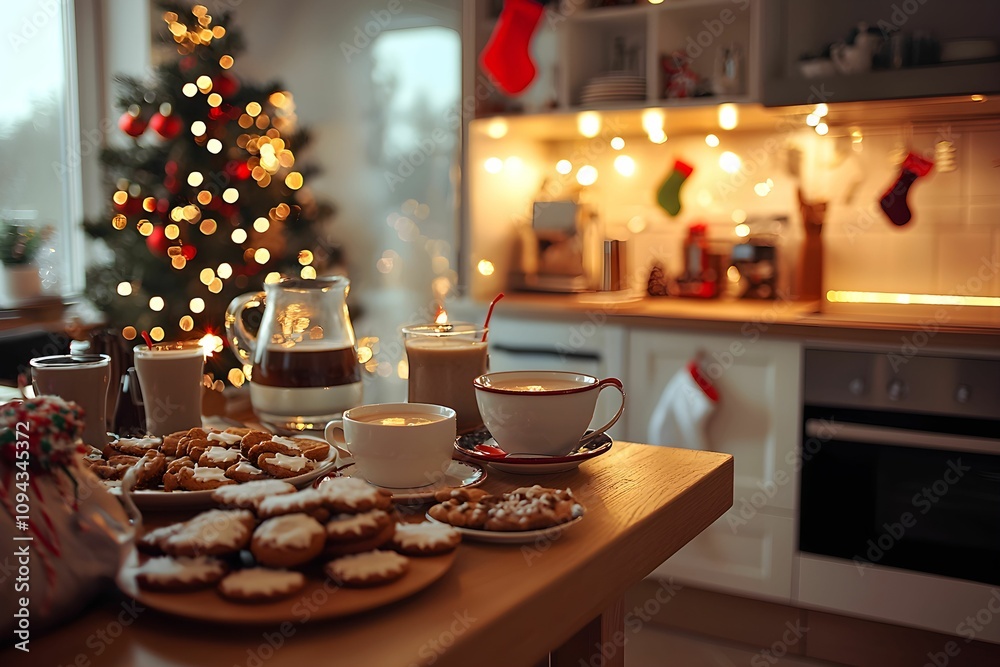 Holiday treats and warm drinks set against a cozy kitchen backdrop Holiday treats and warm drinks set against a cozy kitchen backdrop