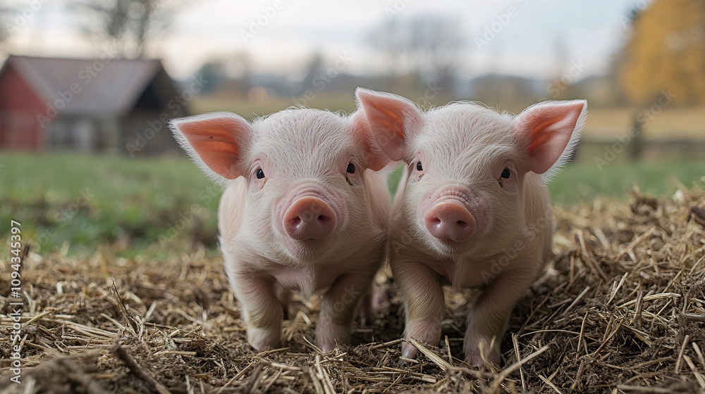 Two adorable piglets standing together on straw, set against a picturesque farm background with a soft, natural light. Two adorable piglets standing together on straw, set against a picturesque farm background with a soft, natural light.