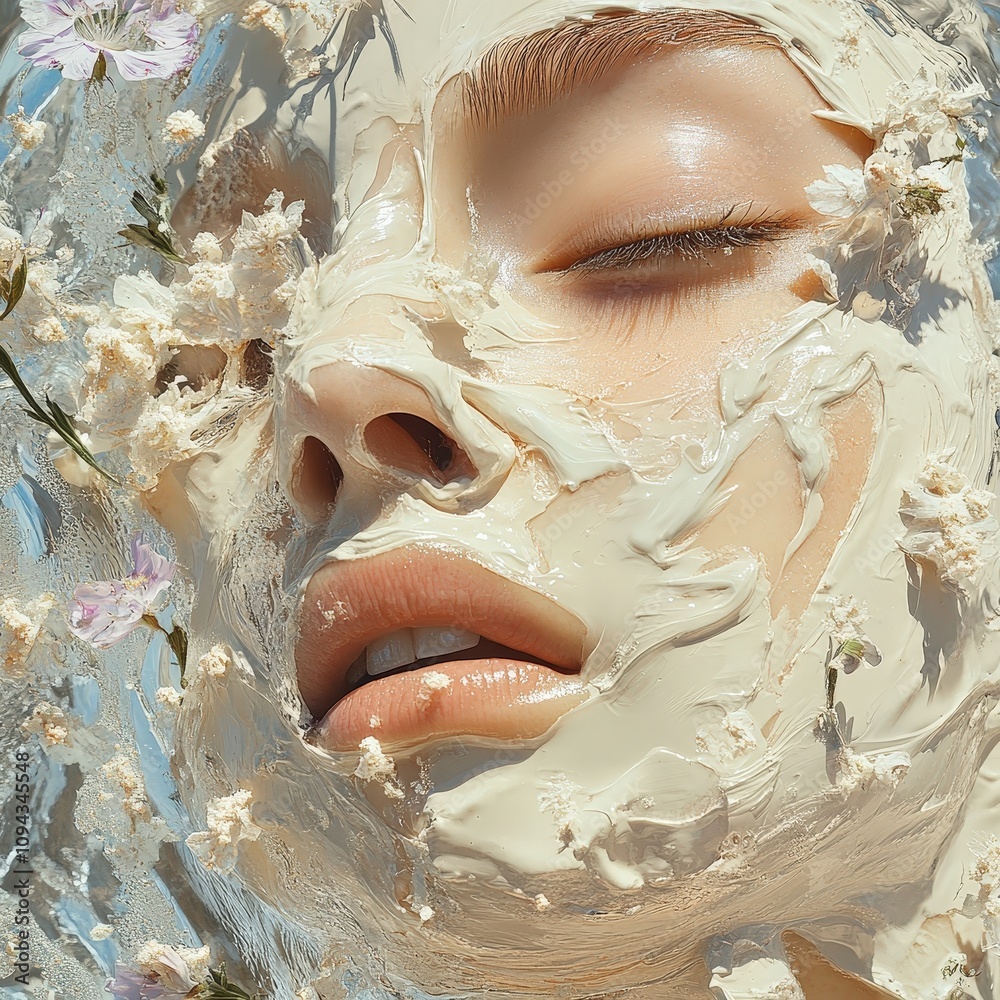 Naklejka premium A serene close-up of a woman's face covered in a creamy mask with delicate flowers, showcasing beauty and relaxation.