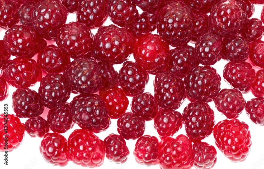 A close-up view of fresh, ripe raspberries arranged closely together. A close-up view of fresh, ripe raspberries arranged closely together.