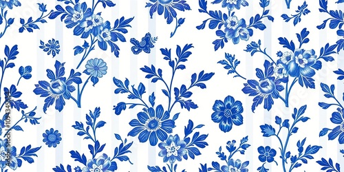 A seamless blue and white toile pattern featuring large blue stripes and floral motifs in a classic repeating design, blue florals, large scale, seamless
