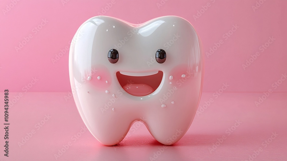 A cute, smiling cartoon tooth character against a pink background, promoting dental health and care in a playful, friendly way. A cute, smiling cartoon tooth character against a pink background, promoting dental health and care in a playful, friendly way.