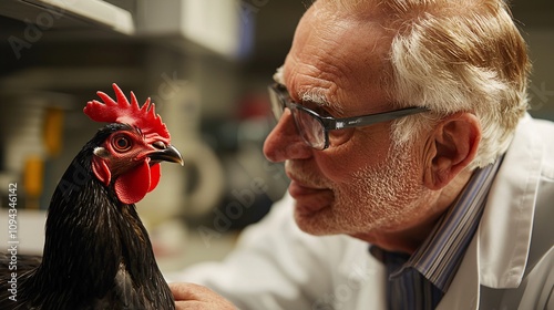Elderly Veterinarian Examining Chicken in Laboratory Setting with Focus on Animal Care and Veterinary Practices