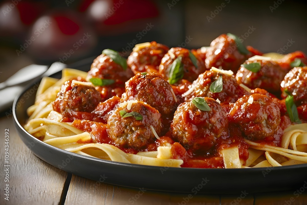 Savory meatballs served on fettuccine with tomato sauce Savory meatballs served on fettuccine with tomato sauce