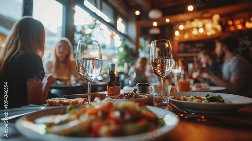 A lively restaurant scene with diners enjoying meals and drinks in a warm atmosphere.