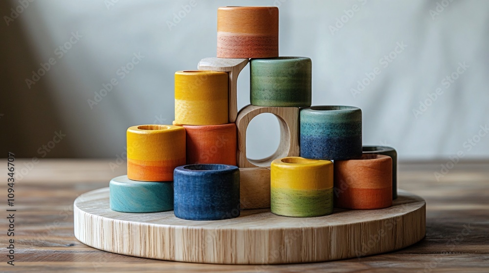 A colorful stacking toy made of wooden cylinders arranged in a pyramid on a round wooden base, showcasing vibrant hues and smooth textures. A colorful stacking toy made of wooden cylinders arranged in a pyramid on a round wooden base, showcasing vibrant hues and smooth textures.