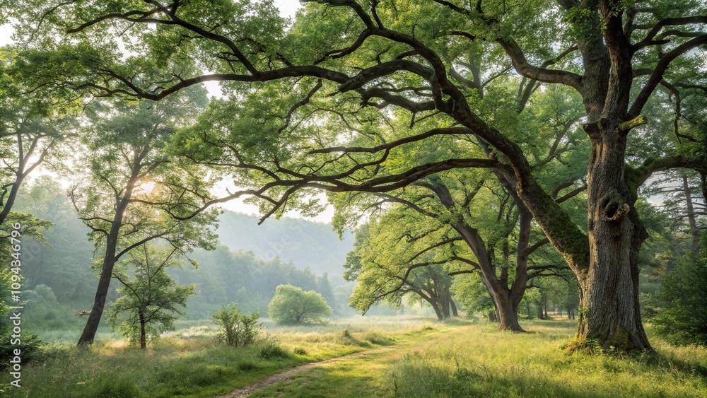 A serene summer forest landscape features towering trees with intricate branch patterns and foliage, outdoor scene, leafy foliage, natural beauty, verdant forest A serene summer forest landscape features towering trees with intricate branch patterns and foliage, outdoor scene, leafy foliage, natural beauty, verdant forest