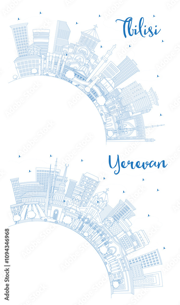 Fototapeta premium Outline Yerevan Armenia and Tbilisi Georgia City Skyline set with Blue Buildings and Copy Space. Cityscape with Landmarks. Business Travel and Tourism Concept with Historic Architecture.