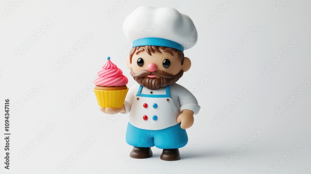 A cheerful cartoon chef holding a cupcake, emphasizing baking and confectionery. A cheerful cartoon chef holding a cupcake, emphasizing baking and confectionery.