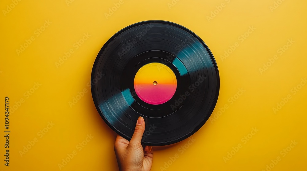 Obraz premium Hand holding a vinyl record with a colorful label against a yellow background. (1)