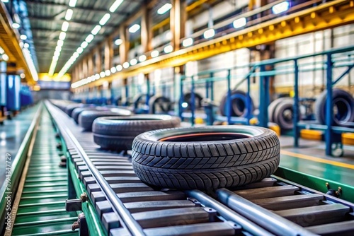 Vehicle wheels production on conveyor belt in factory, tires manufacturing  photo