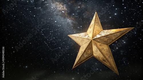 A single gold star shining brightly in the darkness of space against a black background, starry night sky, mystery