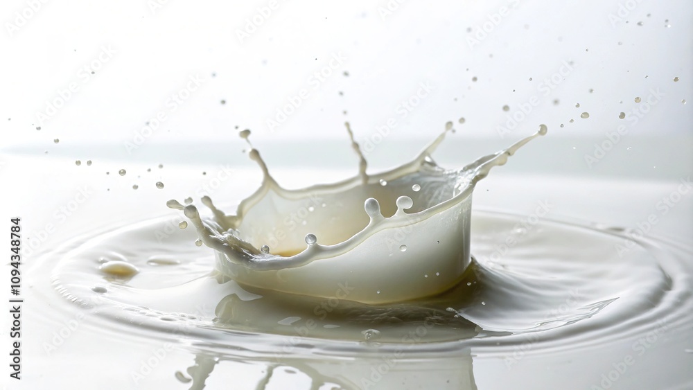 A single milk splash on a clean white surface with a sense of fragility, smooth, dairy, abstract, fragile, A single milk splash on a clean white surface with a sense of fragility, smooth, dairy, abstract, fragile,